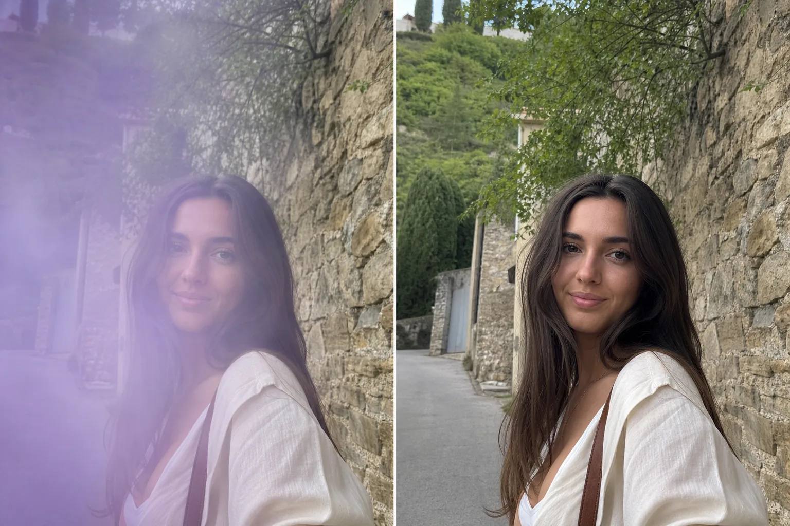 Before and after travel portrait showing a masked lens smudge haze cleared from the photo
