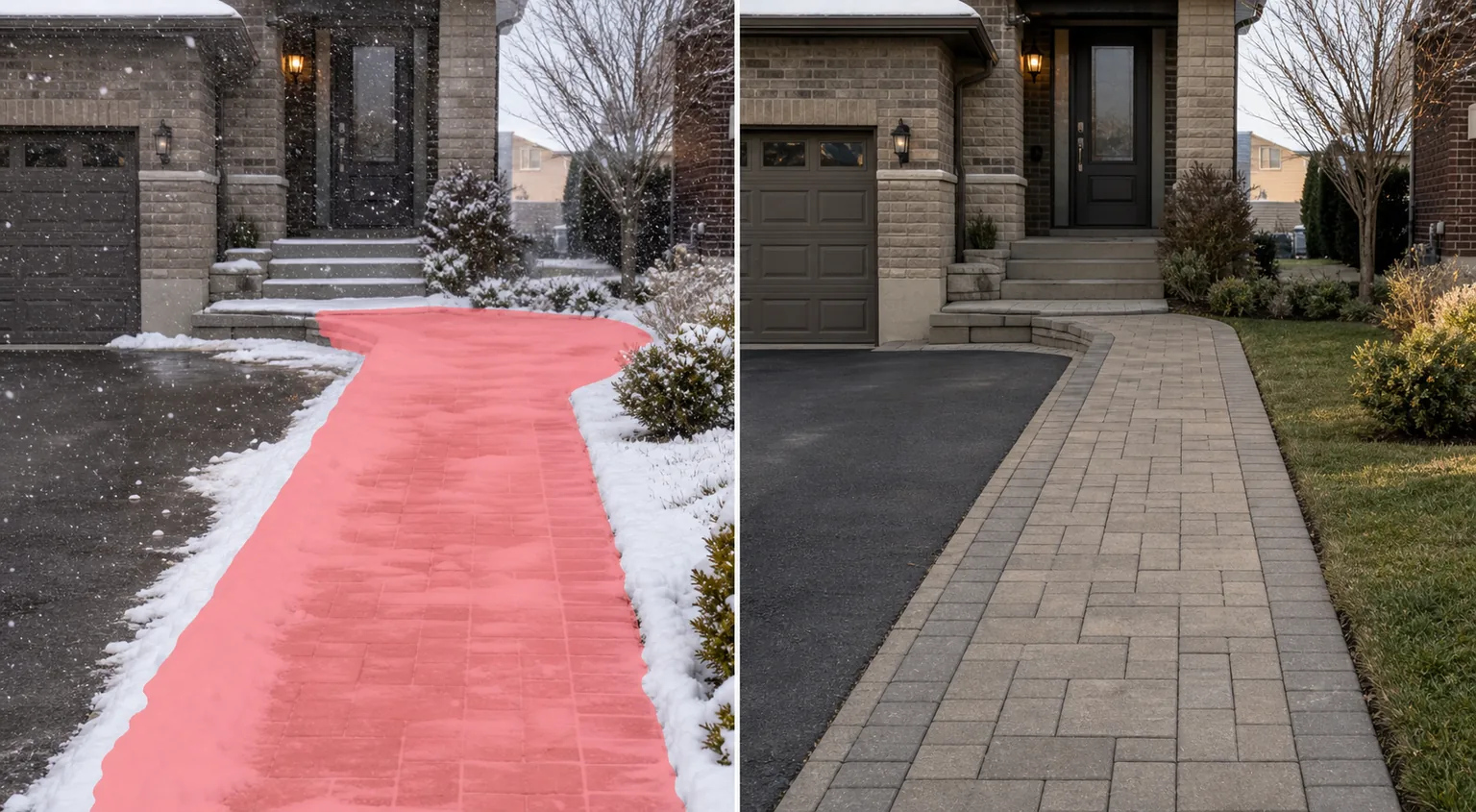 Before and after exterior photo showing snow-covered walkway and falling flakes brushed and removed