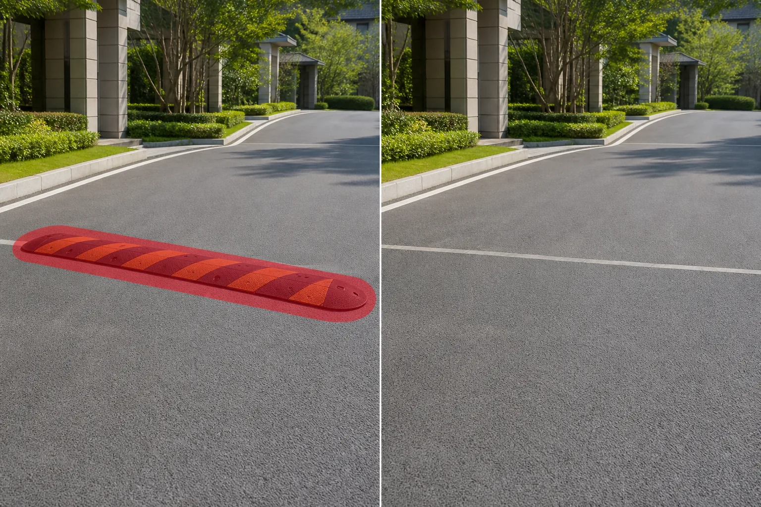 Before and after roadway photo showing a brushed speed bump removed and asphalt restored