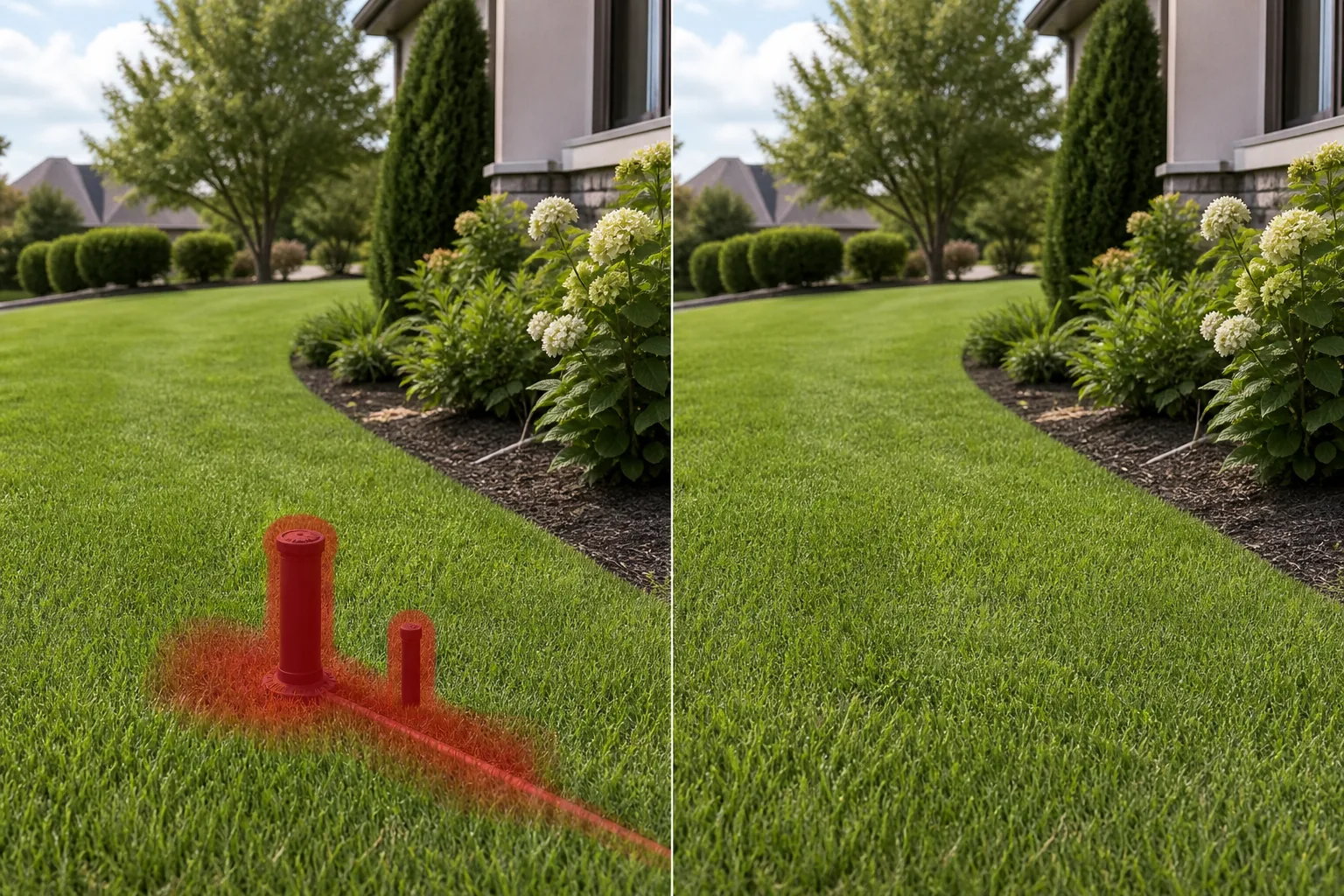 Before and after lawn photo showing brushed sprinkler heads and irrigation line removed and grass restored