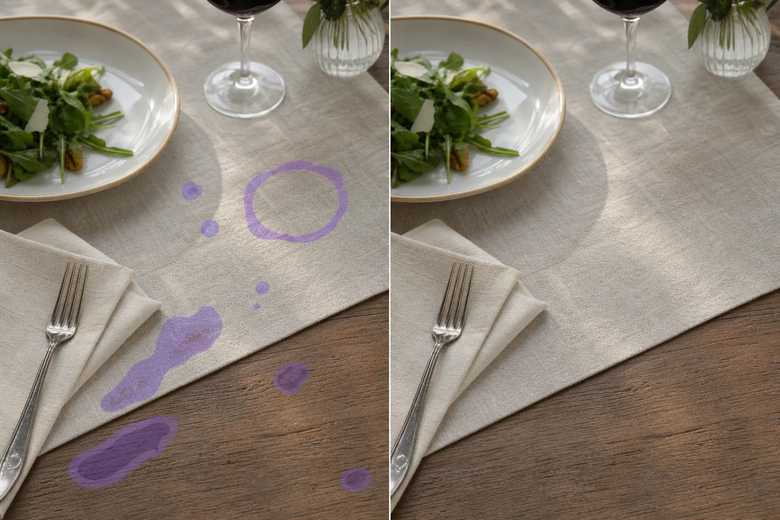 Before and after restaurant table photo showing stains masked on linen and wood and removed after AI cleanup