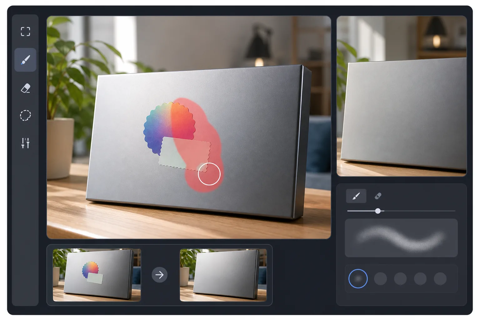 AI photo editor brushing over colorful stickers on a product surface and previewing the clean result