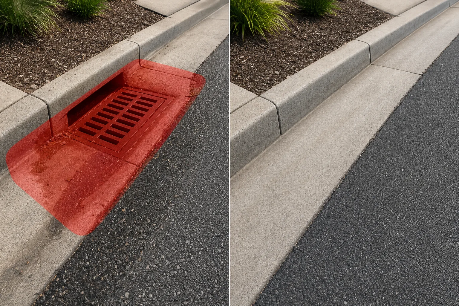 Before and after curbside street photo showing a brushed storm drain removed and pavement restored