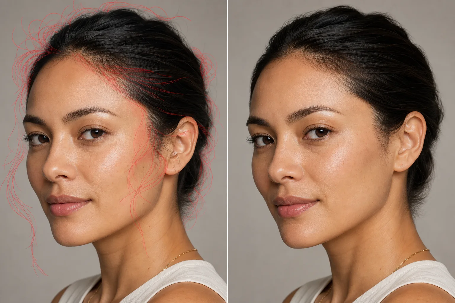 Before and after portrait showing brushed flyaway hairs removed while preserving the natural hairline
