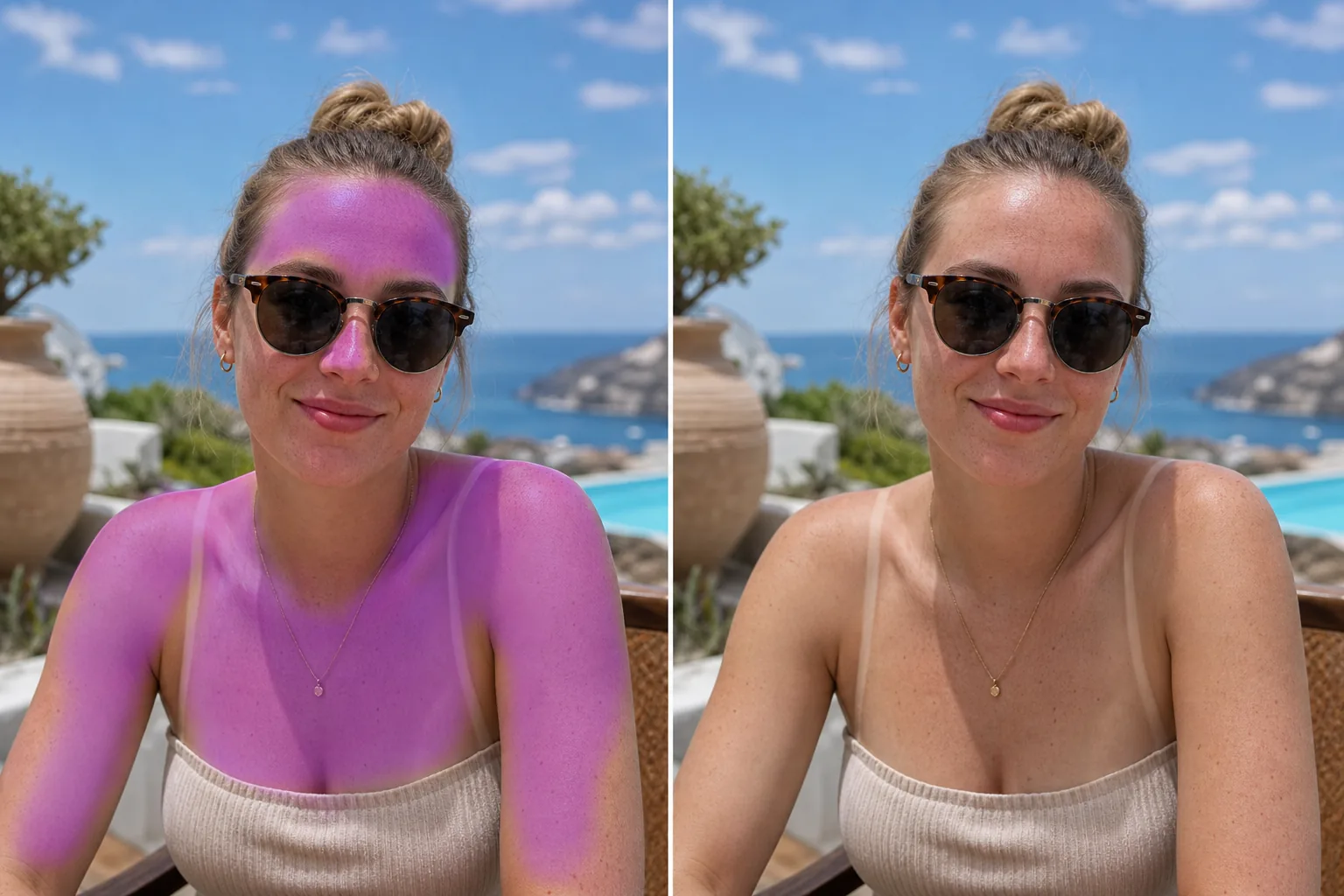 Before and after outdoor portrait showing masked sunburn redness corrected to natural skin tone