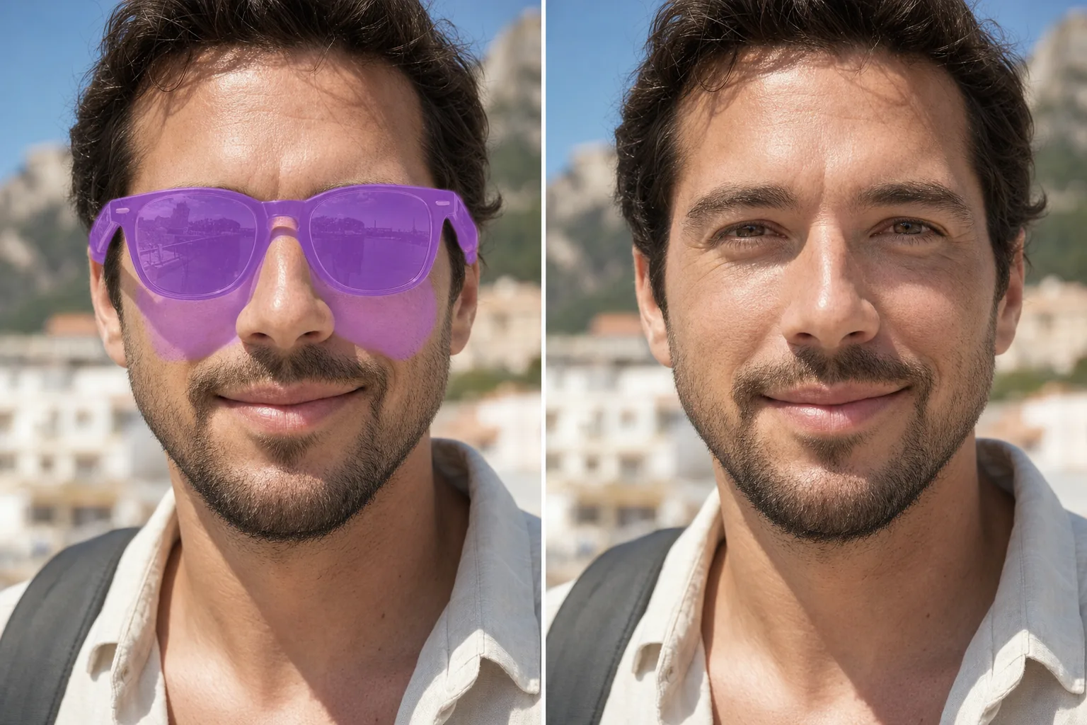 Before and after outdoor portrait showing masked sunglasses removed and the eye area reconstructed