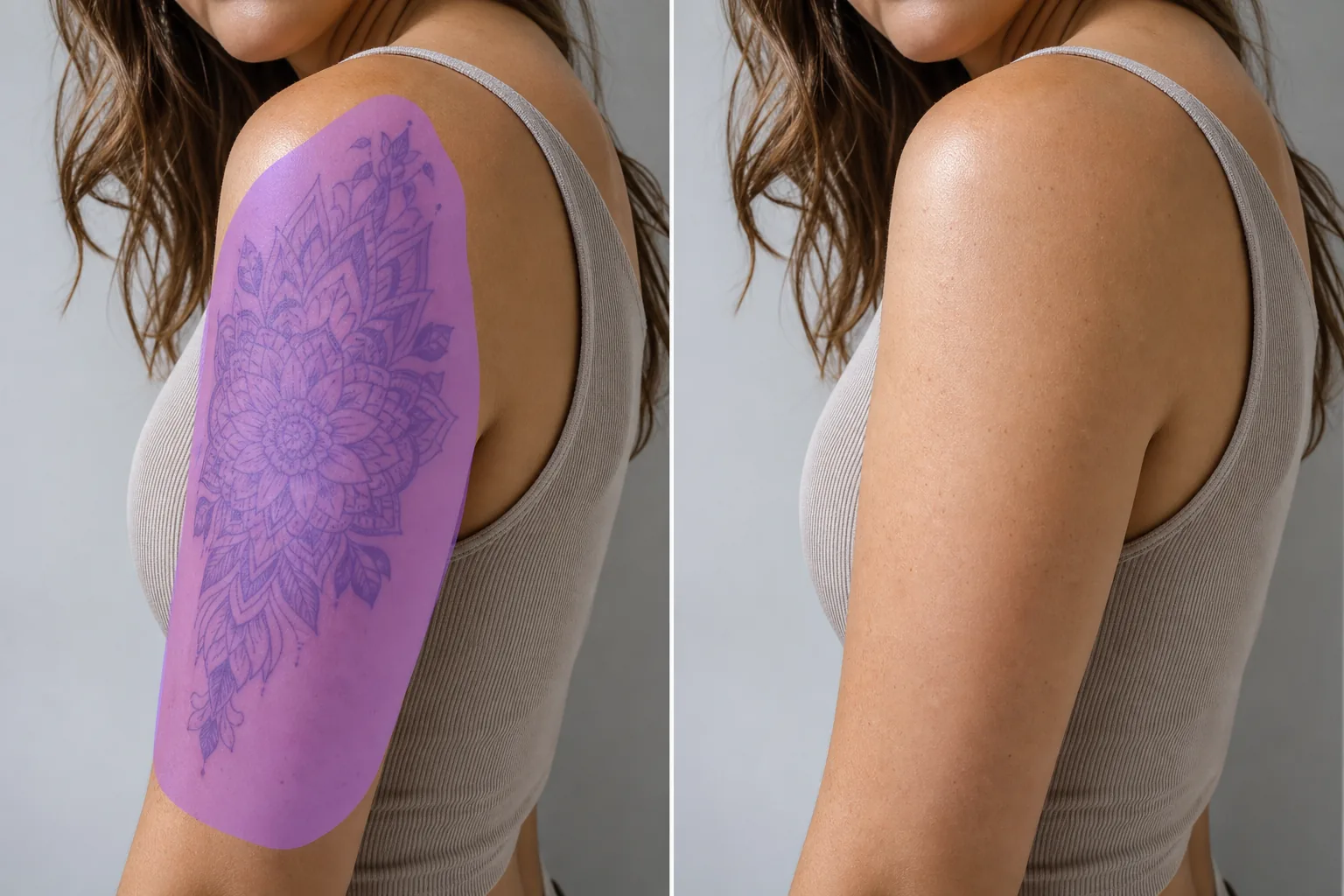 Before and after portrait photo showing a masked upper-arm tattoo removed and natural skin texture restored
