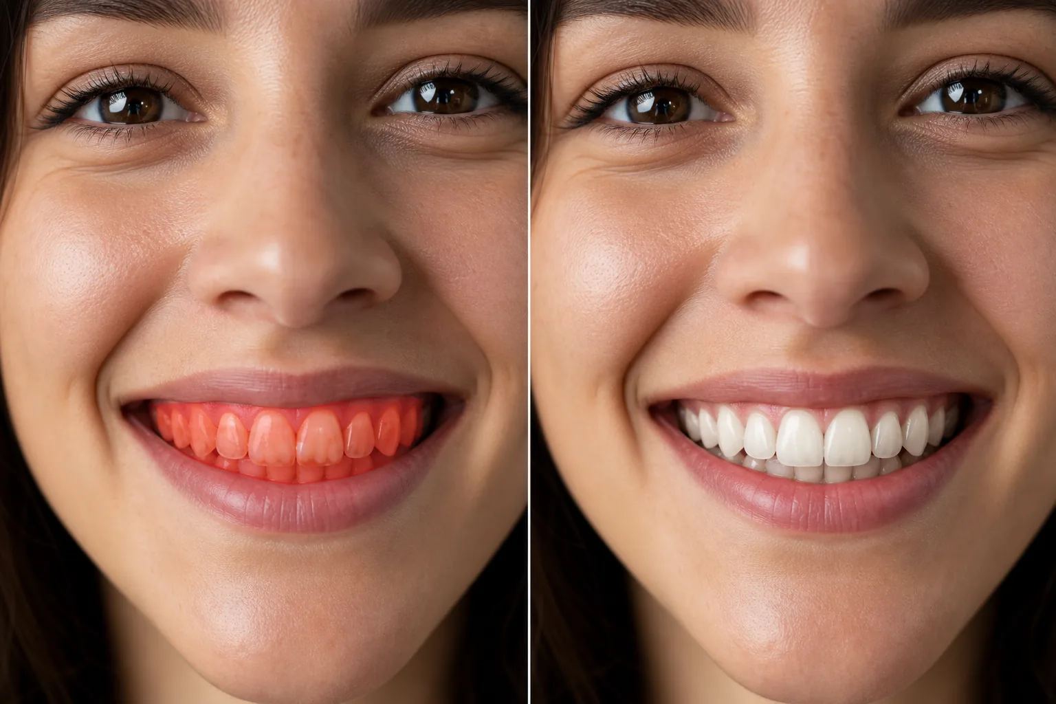 Before and after smile photo showing teeth surfaces brushed for stain removal and naturally whitened teeth