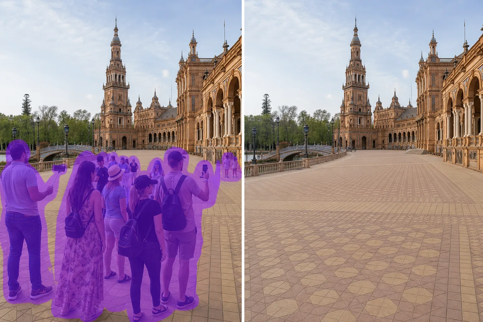 Before and after removing tourists from a landmark plaza photo