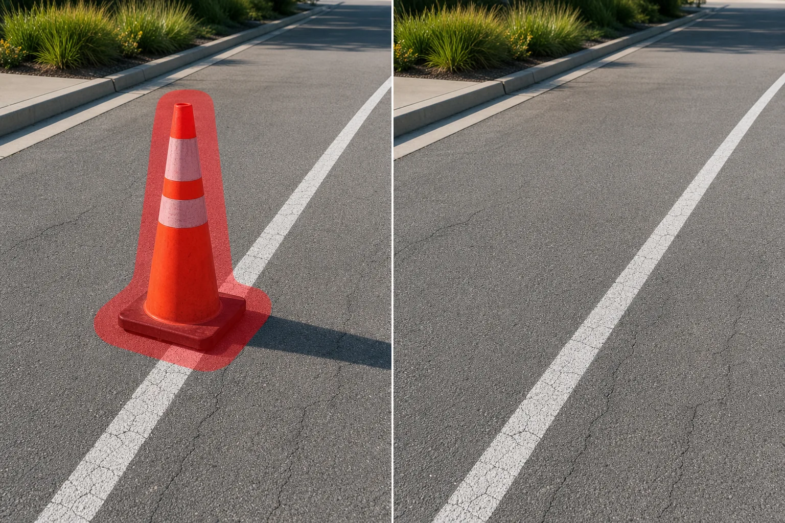 Before and after street photo showing a brushed traffic cone and shadow removed from asphalt and a lane line restored