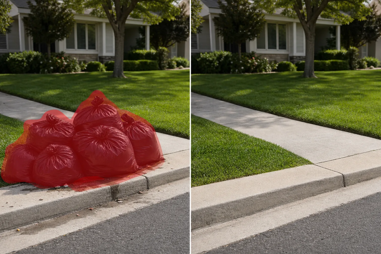 Before and after curbside real estate photo showing brushed trash bags, debris, and stains removed and sidewalk, curb, and grass restored