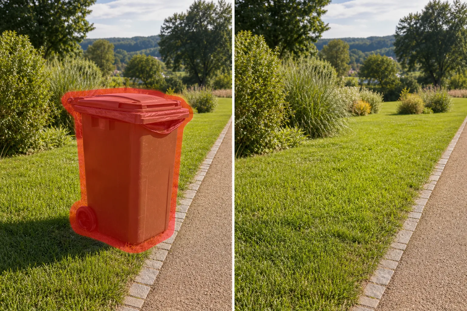 Before and after scenic park path photo showing a brushed outdoor trash bin removed and grass and walkway restored