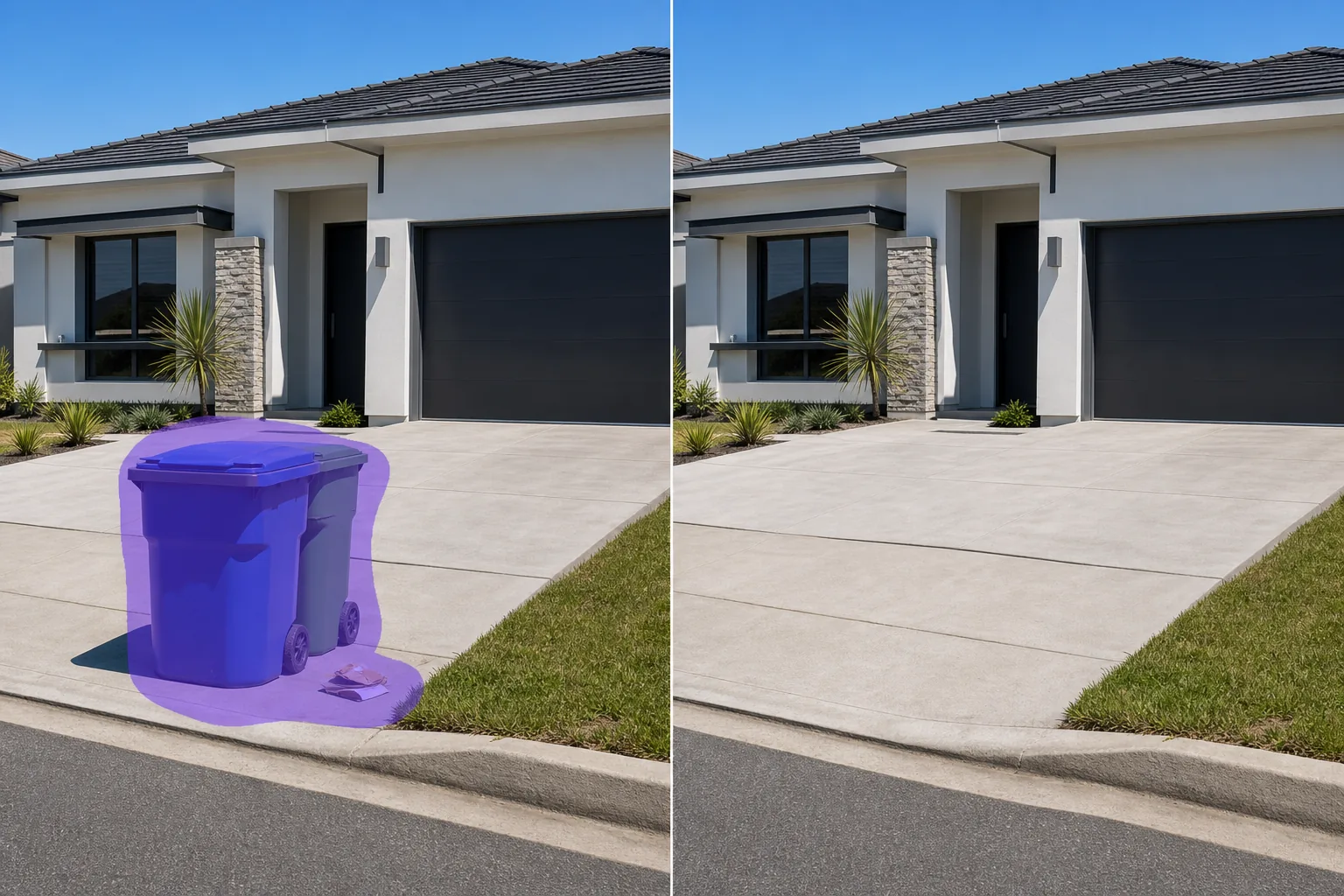Before and after real estate exterior photo showing a masked trash can removed and the driveway surface restored