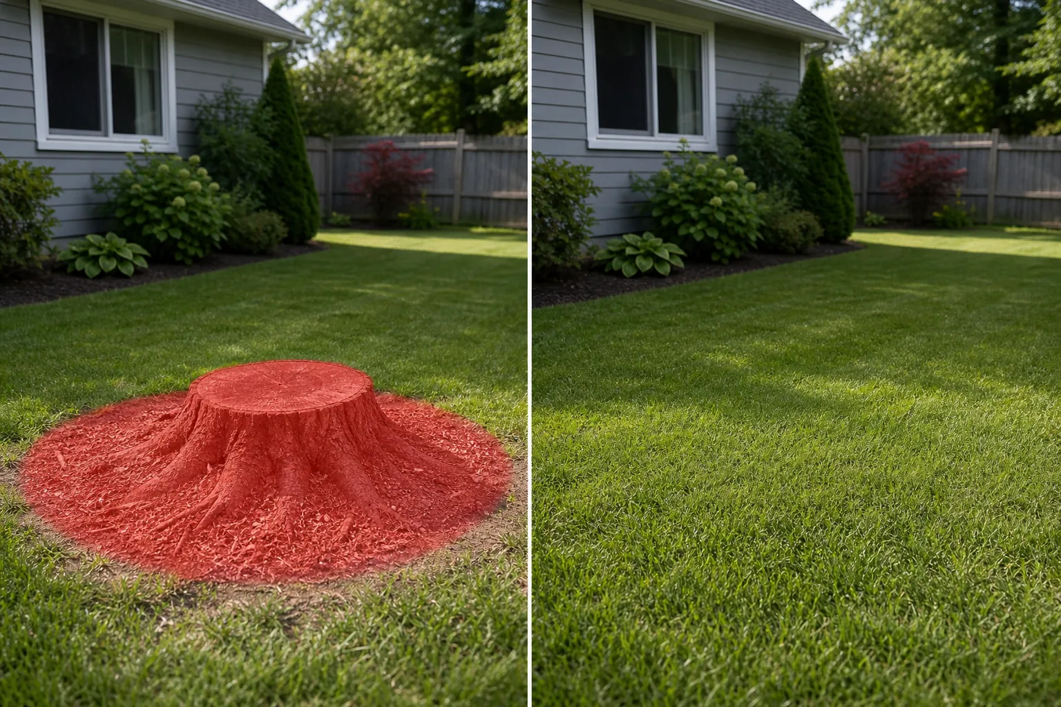 Before and after backyard lawn photo showing a brushed tree stump and disturbed sawdust ring removed and grass restored