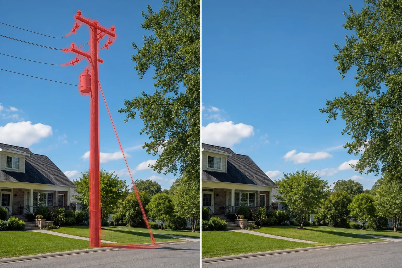 Before and after suburban street photo showing a brushed utility pole, transformer, crossarms, and guy wire removed and sky and trees restored