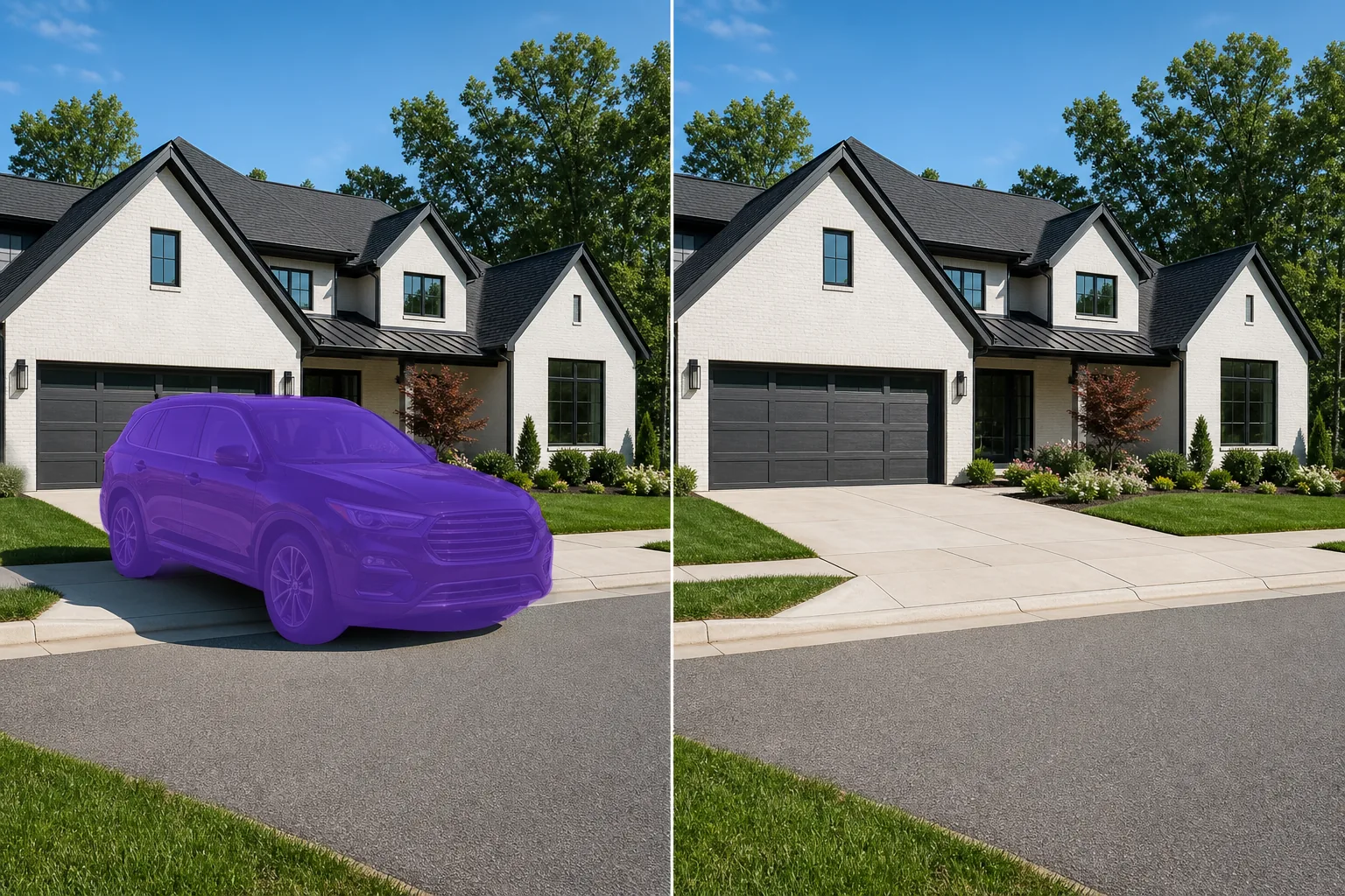 Before and after real estate exterior photo showing a masked vehicle removed and the driveway and street restored
