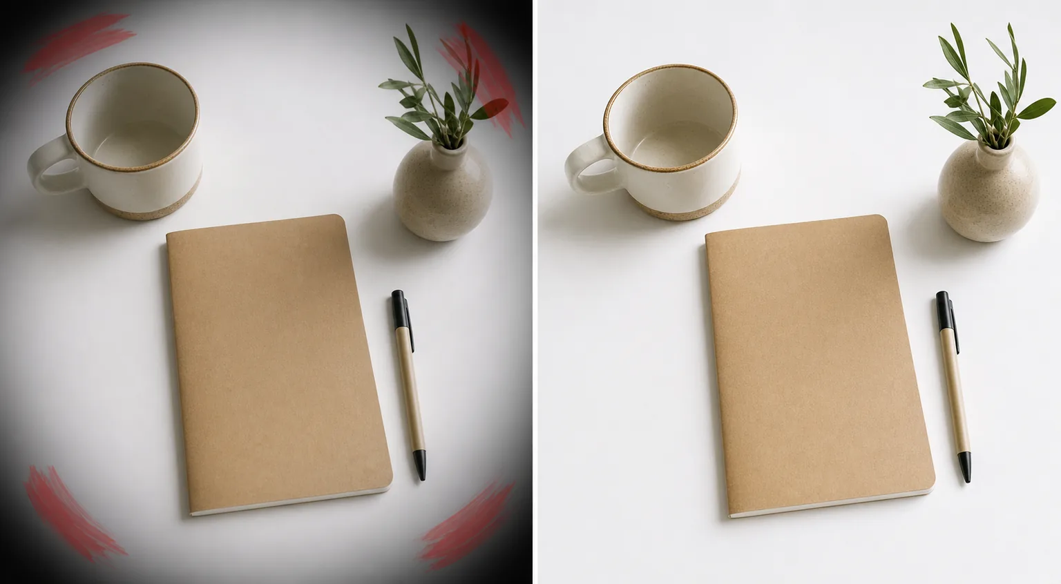 Before and after flat-lay photo showing dark vignette corners brushed and brightened evenly