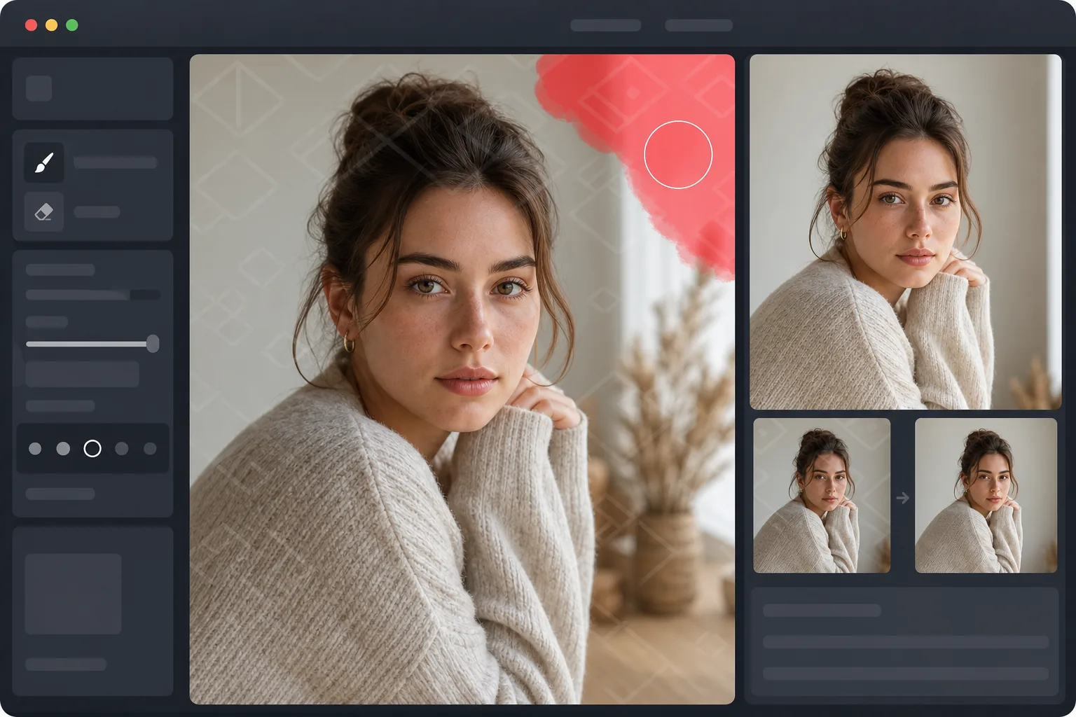 AI photo editor brushing over a semi-transparent watermark and previewing the clean licensed photo result