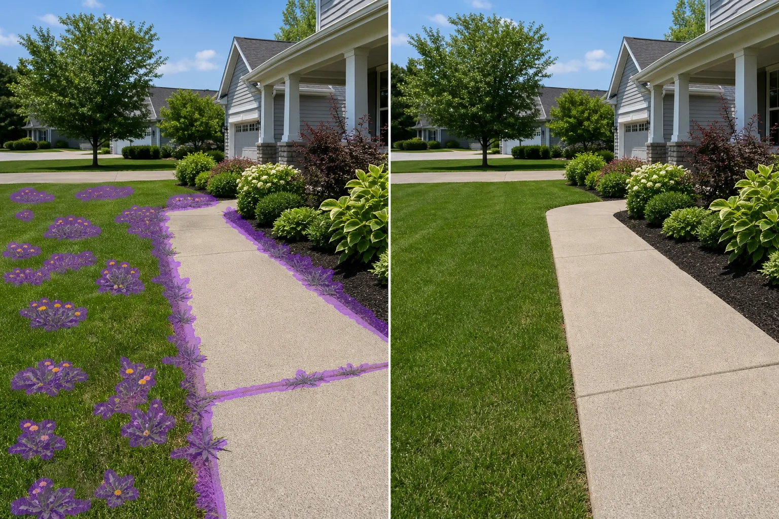 Before and after front yard photo showing masked weeds removed and clean lawn and walkway edges restored