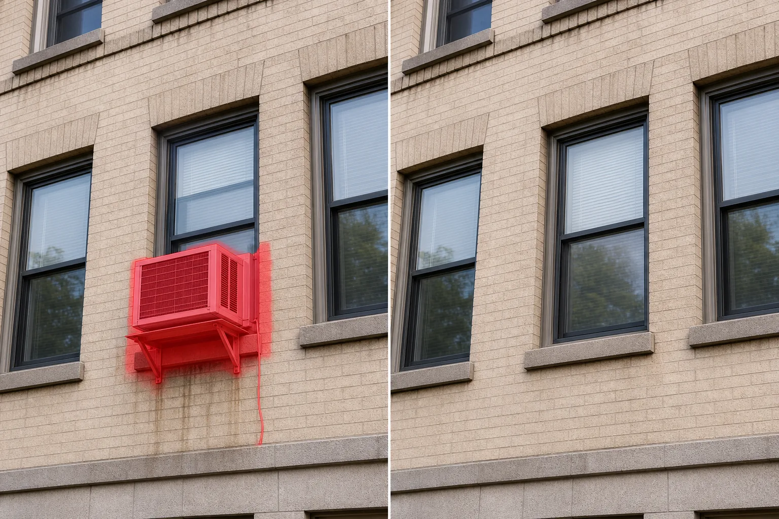 Before and after building facade photo showing a brushed window AC unit removed and matching window restored