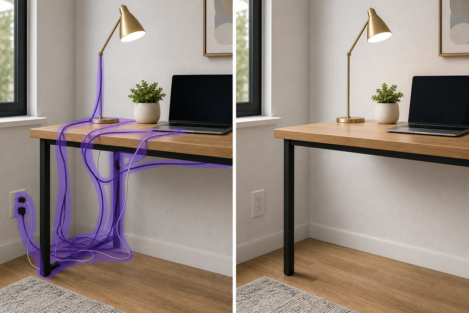 Before and after home office photo showing tangled wires masked for removal and a clean desk area after AI cleanup