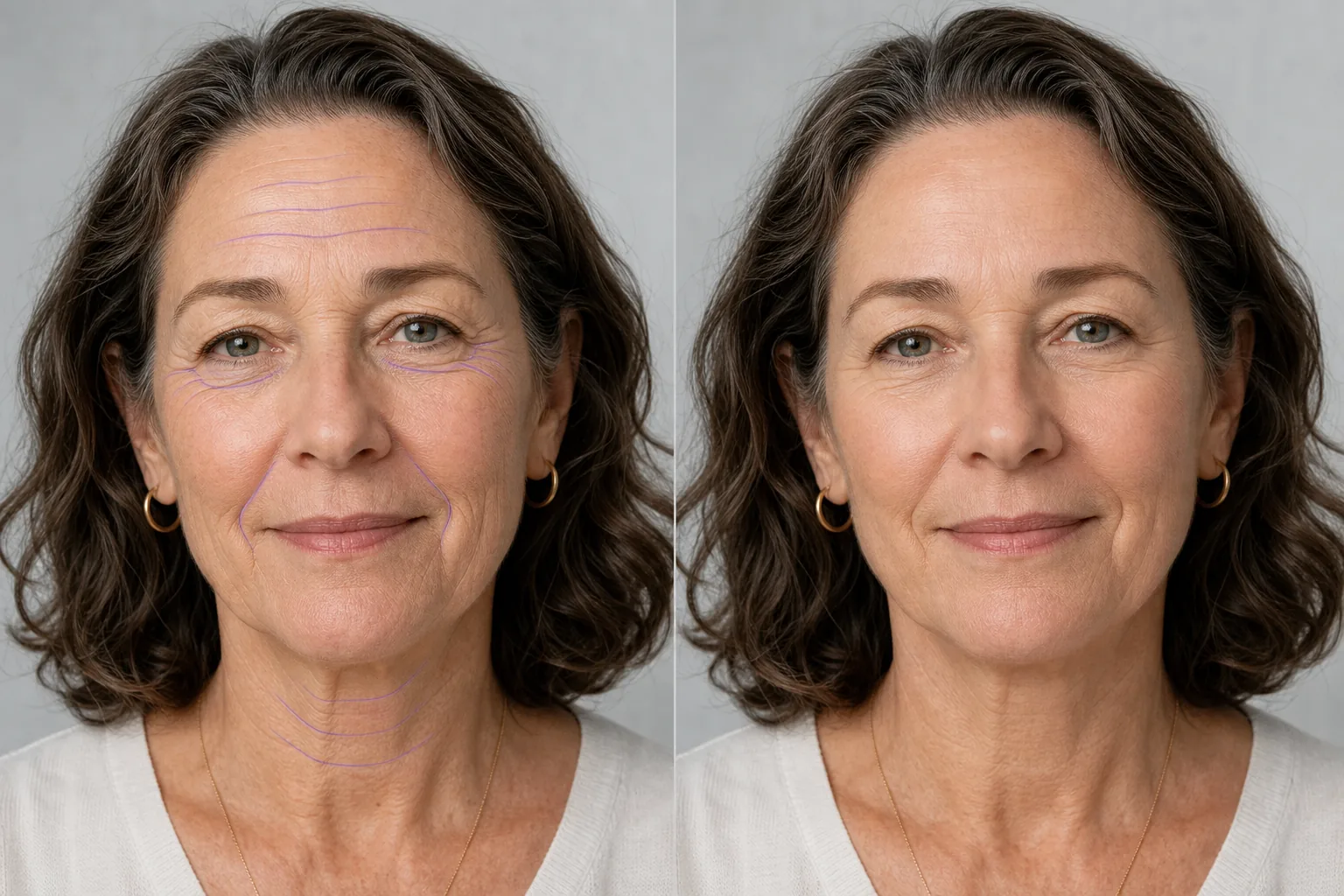 Before and after portrait showing wrinkle lines masked for subtle reduction while preserving natural skin texture